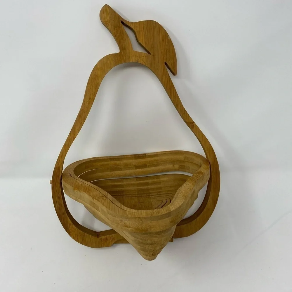 Collapsible Pear Shaped Spiral Cut Bamboo Fruit Basket Charcuterie Board Trivet